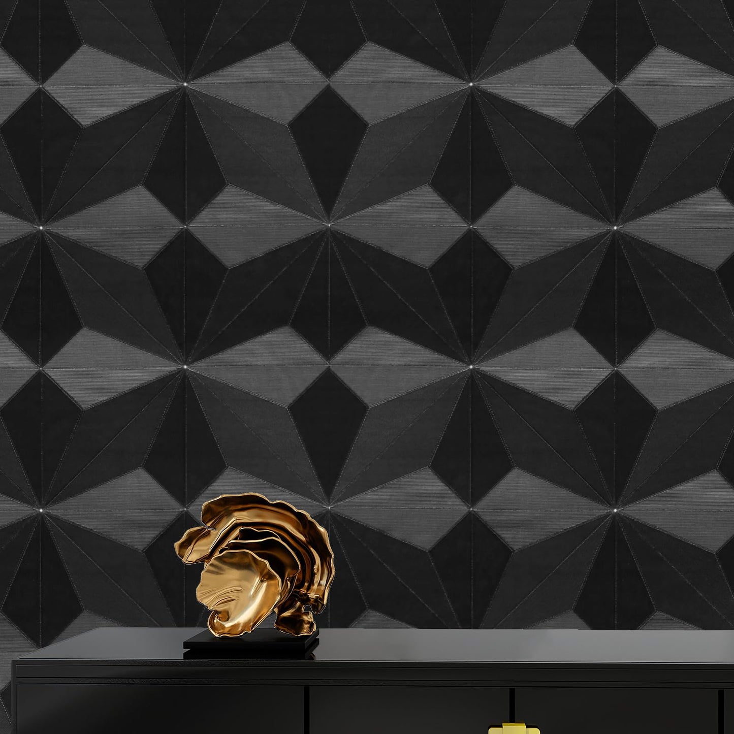 Cismmy 3D Peel and Stick Wallpaper Black Contact Paper 15.7'' X 118'' Wall Paper Renter Friendly Wallpaper SOR Cabinets and Drawers Removable Vinyl Wrap Modern Geometric Wallpaper Self Adhesive