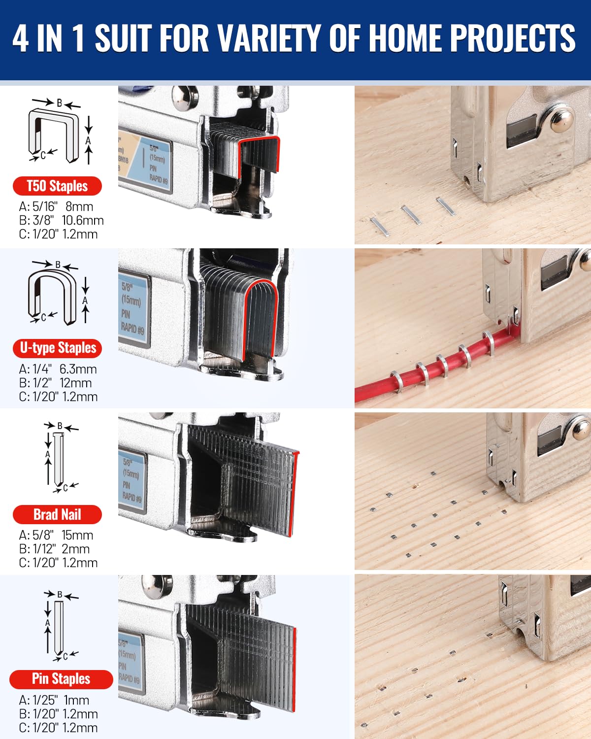 WORKPRO 4-in-1 Staple Gun, Manual Brad Nailer with 2000 Counts Staples, Upholstery Stapler Nail Gun for Fixing Material, Decoration, Carpentry, Furniture, Doors and Windows