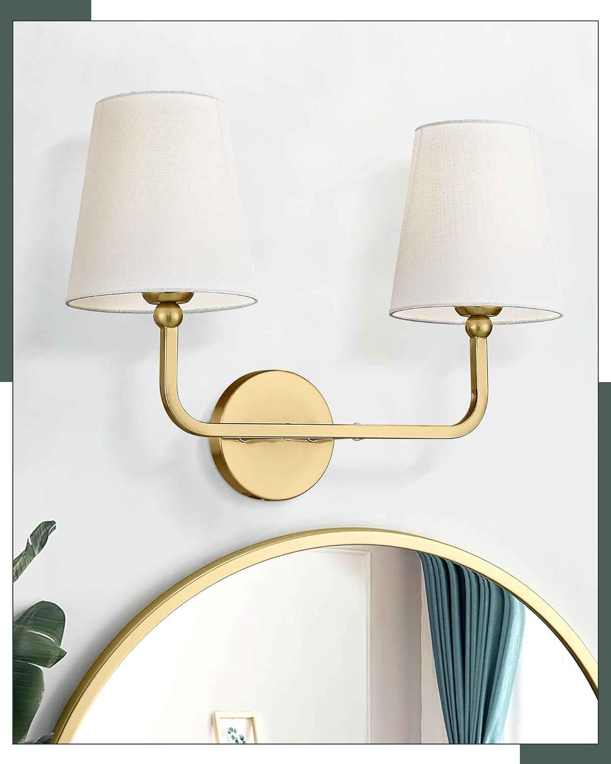 Brushed Gold 2-Light Bathroom Vanity Sconce with White Fabric Shade - Modern Wall Lighting for Hallway & Bedroom, Model VL837-BG