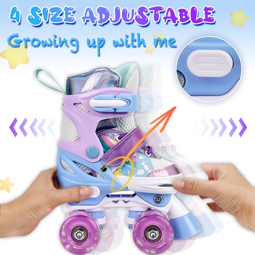 HISULIV Roller Skates for Kids Ages 5 6 8 12 Year Old 4 Size Adjustable Quad Roller Skates for Girls Boys Toddler with Light Up Wheels Best Children Gift for Beginners Indoor Outdoor Sports Purple