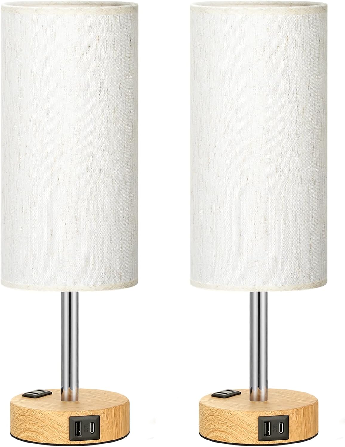 3-Way Dimmable Touch Table Lamps Set of 2 with USB Charging & Wood Grain Base