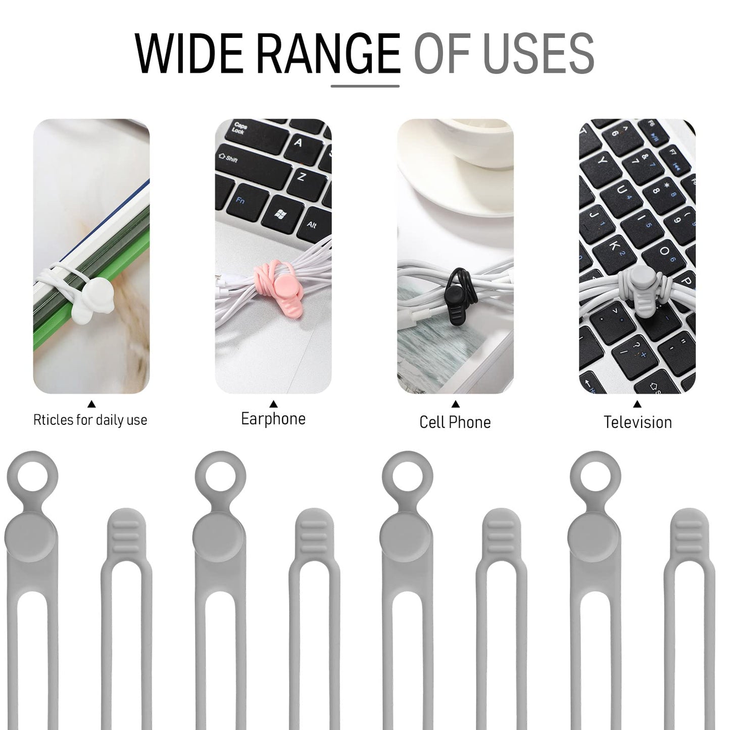 Nuanchu 40 Pcs Silicone Cable Ties Reusable Holder Adjustable Straps Multipurpose Charging Cable Organizer for Fastening Charging Cords Wires(4.17 Inch,Black, Gray)