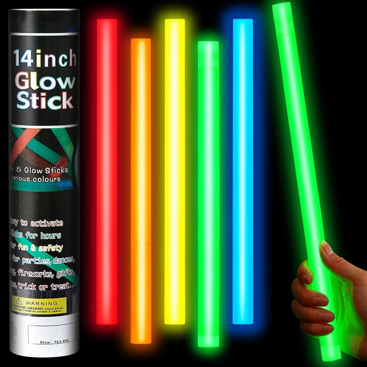 Lewtemi 5 Pcs Large Glow Sticks, 14 Inch Jumbo Light up Sticks Holiday Colorful Sticks Emergency Glow in The Dark Party Supplies for Camping, Halloween, New Year (Red, Orange, Yellow, Green, Blue)