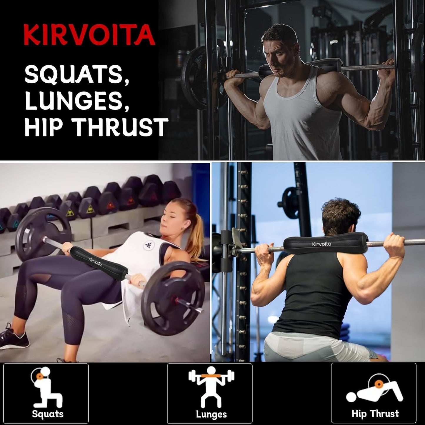 Rubber Barbell Pad - Squat & Hip Thrust Pad | Easy Installation, No Straps Needed, 15.5" x 3.5" x 3.5", Black