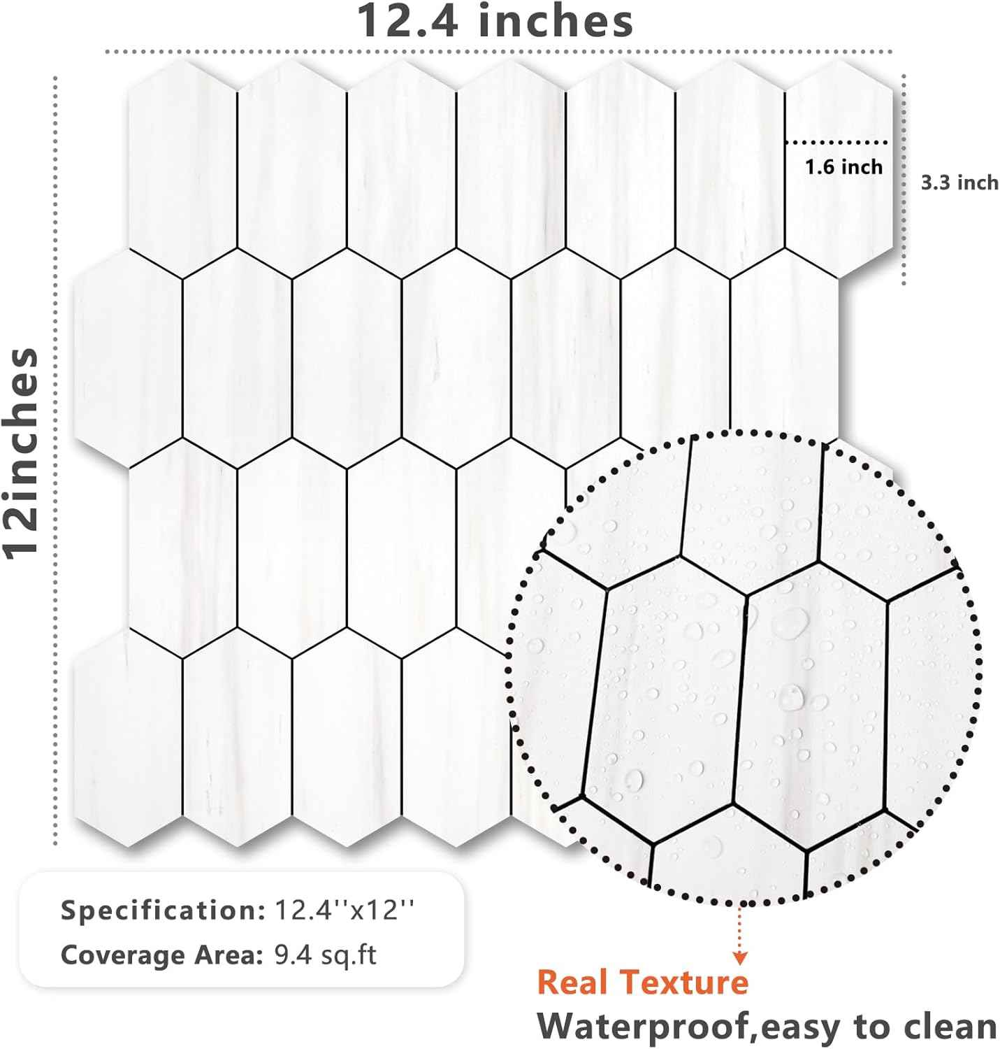 Glossy Wood Grain Peel and Stick Backsplash Tile - 10 Sheets Hexagon Mosaic for Kitchen & Bathroom, 12.4 x 12 Inch
