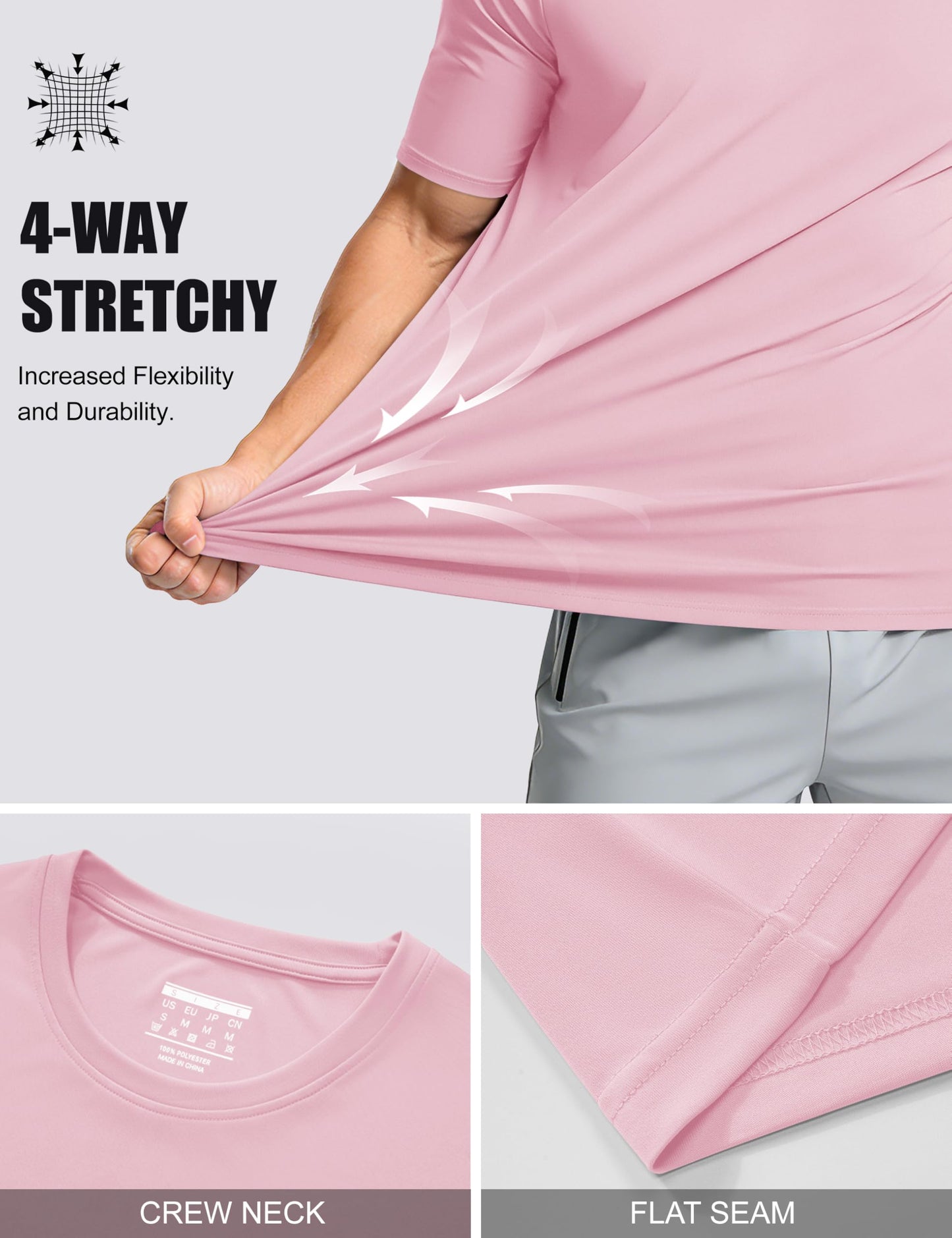 Mens Quick Dry T-Shirt - Short Sleeve Running Shirt - Sun Protection - Active - Light Pink M