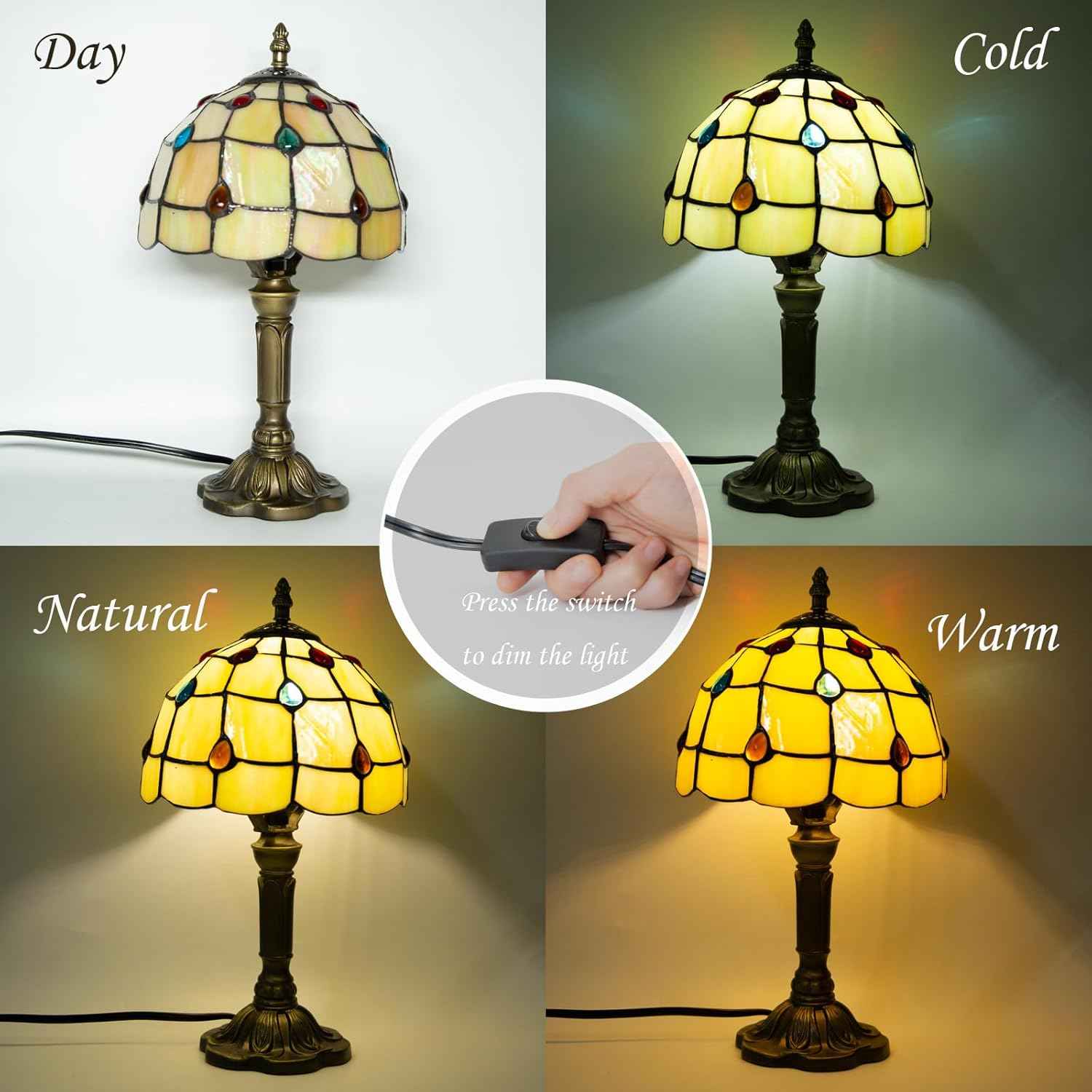 Tiffany Table Lamp - 8 Inch Antique Stained Glass, 3 Color Temperatures, Handcrafted for Bedroom & Living Room