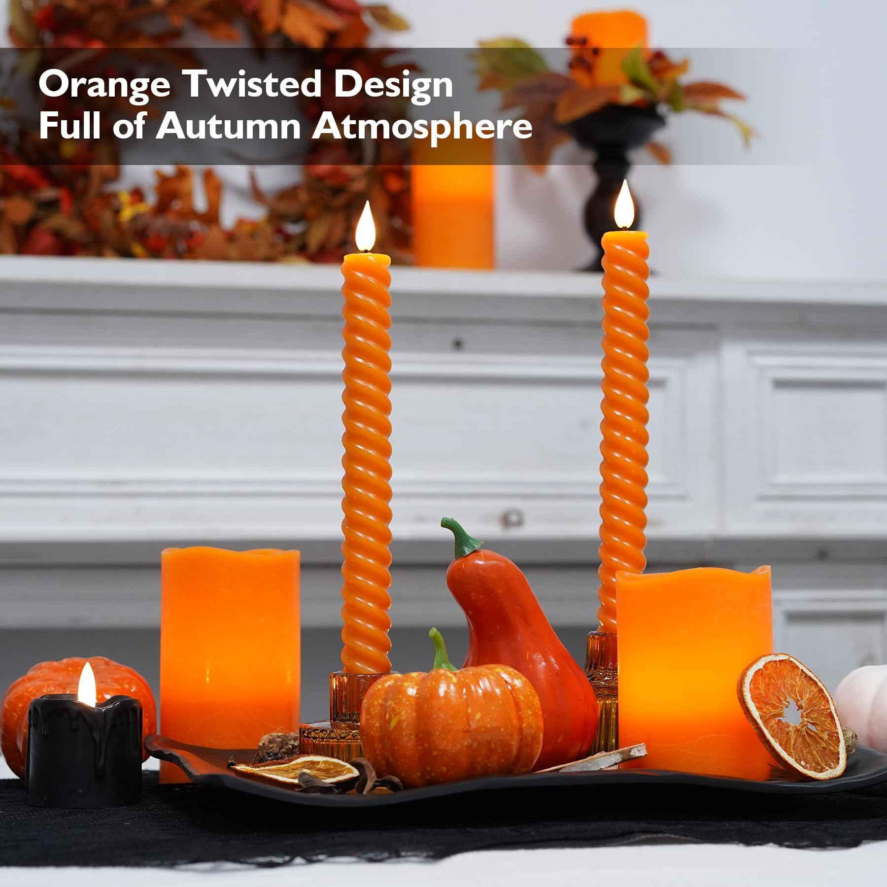 Rhytsing 10" Orange Flameless Twisted Taper Candles with Timer, Battery Operated Spiral Led Candlesticks for Fall and Halloween, Remote & Batteries Included - Set of 4