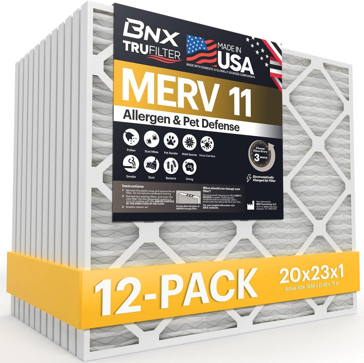 BNX TruFilter 12x12x1 MERV 8 Air Filters (6-Pack) - USA-Made Dust & Pet Defense for HVAC