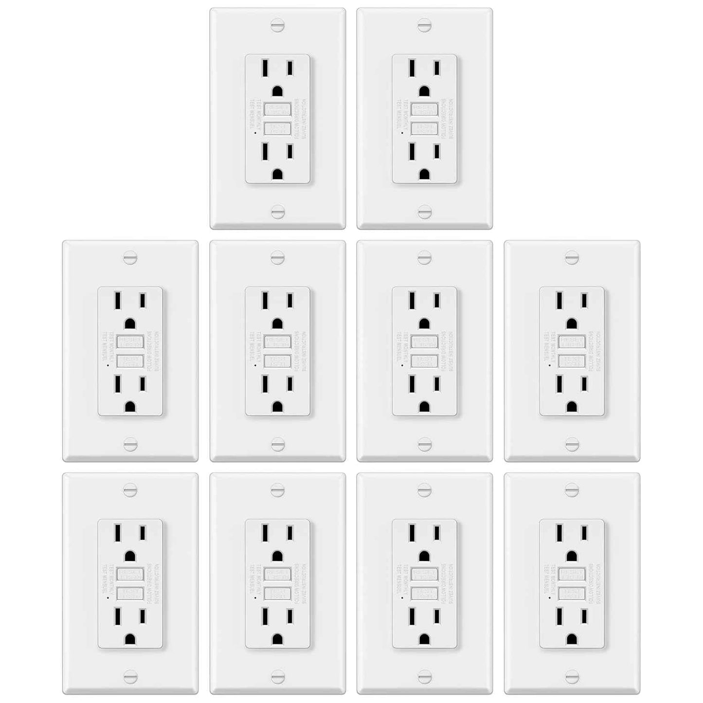 GFCI Outlets 10 Pack - 15 Amp Decor Receptacles with LED Indicator & Wallplate