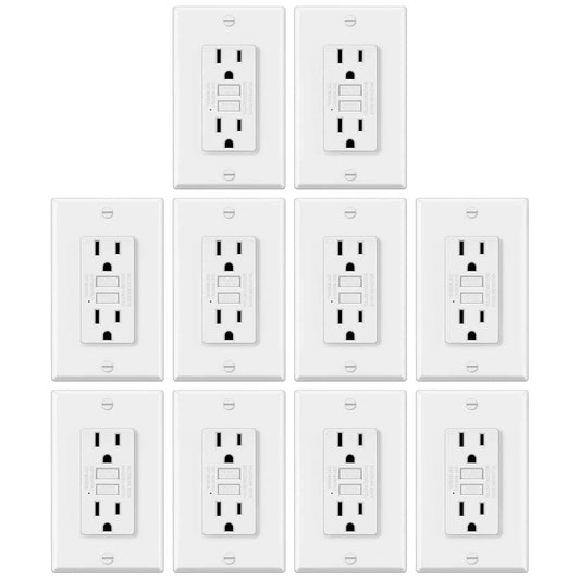 GFCI Outlets 10 Pack - 15 Amp Decor Receptacles with LED Indicator & Wallplate