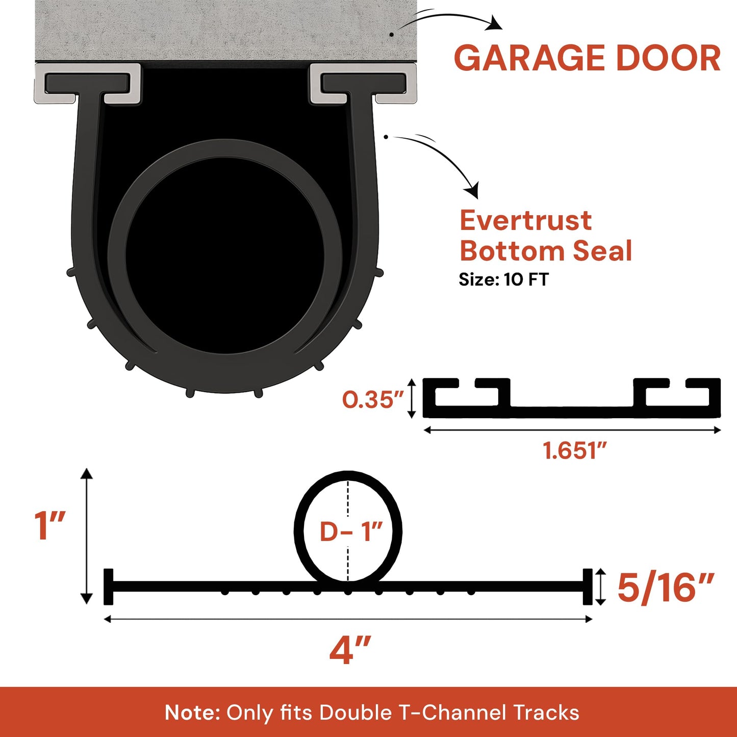 EverTrust 10ft/3M Garage Door Bottom Seal – Weatherproof Stripping Rubber Seal with T-Ends 5/16 inch. Protect Your Garage from Weather and Dust with EPDM Rubber Garage Door Draft Stopper (10 Ft)