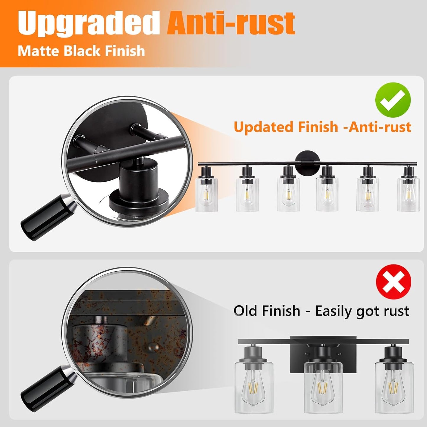 Modern Black 3-Light Bathroom Vanity Light Fixture with Clear Glass Shades - 2 Pack