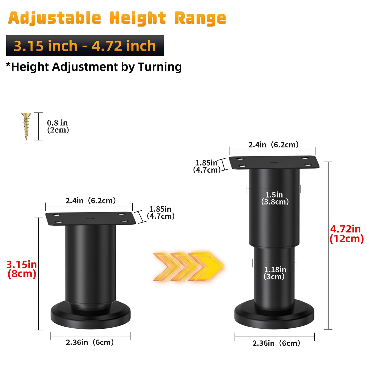 Wlrrcwdttc 4 Pcs Metal Adjustable Furniture Legs 3.15-4.72 inch, Adjustable Cabinet Legs for Sofa/Bed/Chair/Couch/Dresser/Table, Heavy Duty Bed Replacement Support Legs for Bed Frame/Bed Center Slat