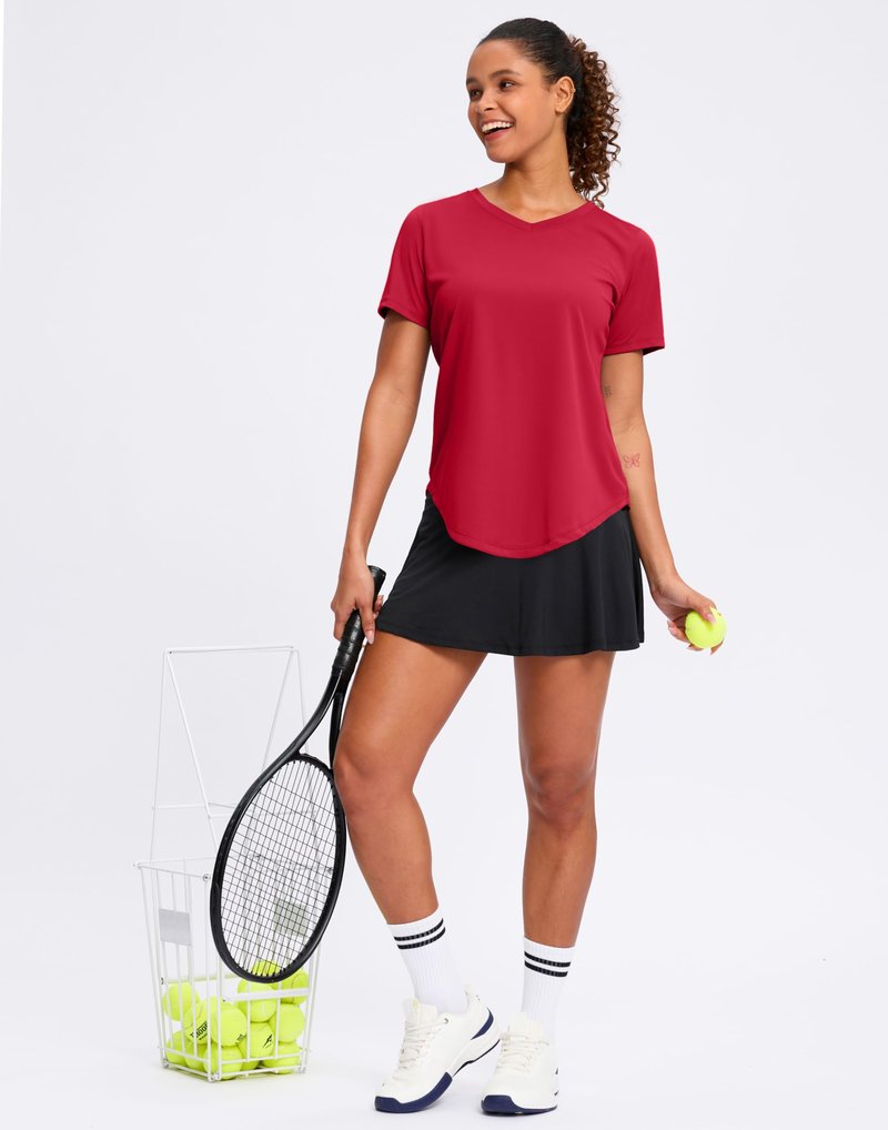 Womens Workout Shirts V-Neck Short Sleeve UPF 50+ Sun Shirt Moisture Wicking Dry Fit Top for Gym, Running, Athletic (Red, M)