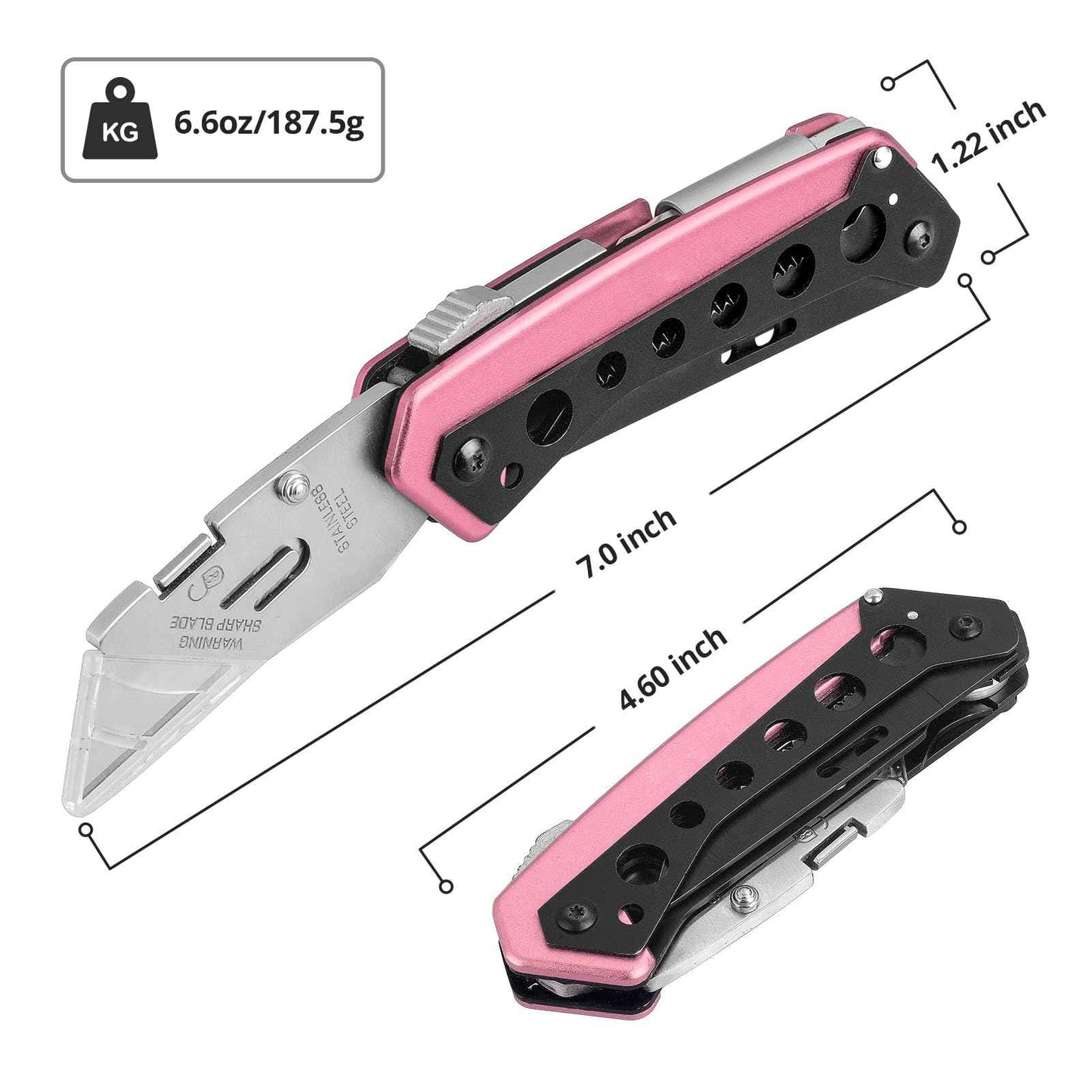 KAMBOLLY Pink Box Cutter Knife, Folding Utility Knife, 6 in 1 Razor Pocket Utility Knives Multitool with Clip, 5 Razor Blades, Screwdriver, Saw, Safe Lock, Work Knives, EDC Gadgets Gifts for Men Women