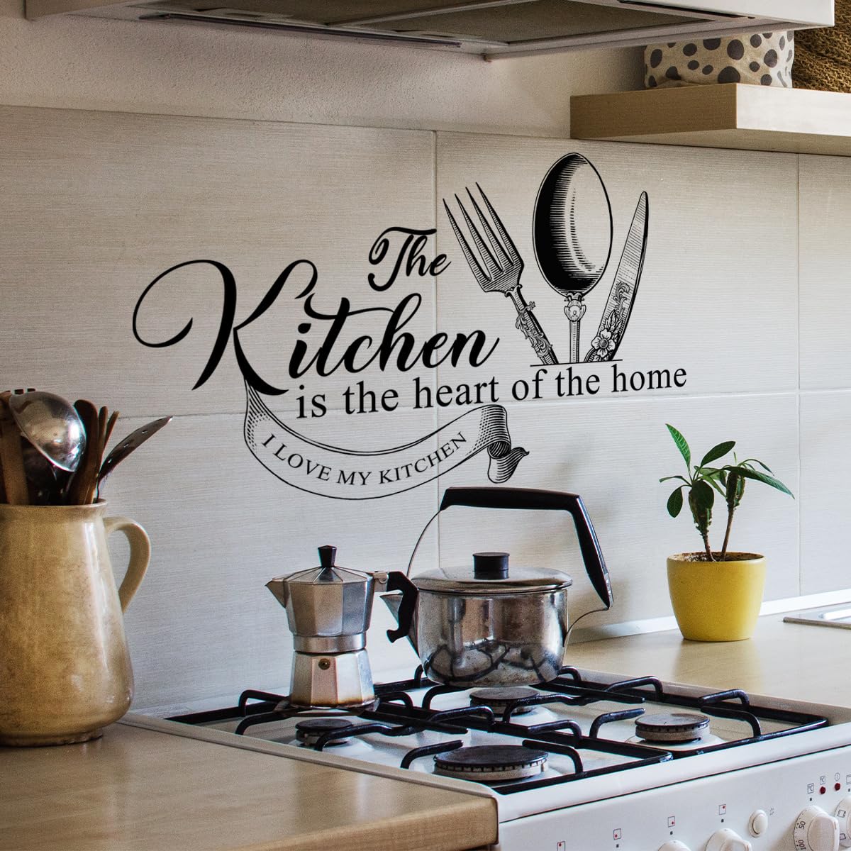 Runtoo Kitchen is The Heart of The Home Wall Sticker Fork and Knife Black Lettering Quotes Saying Wall Decals Kitchen Dining Room Restaurant Wall Decor