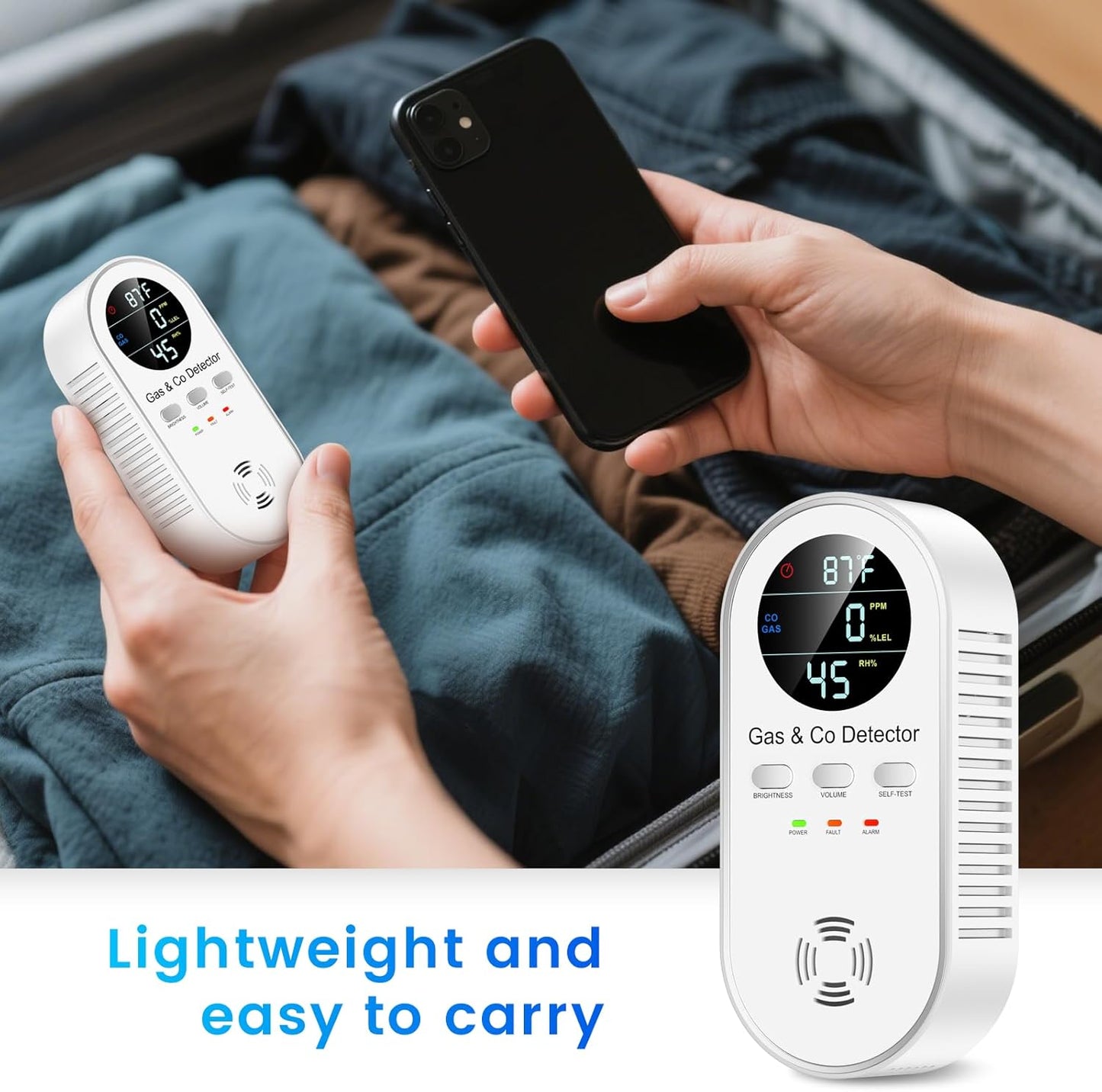 5-in-1 Carbon Monoxide & Natural Gas Detector with Temperature & Humidity Sensor - Battery Backup, LED Display, Sound & Light Alerts for Home & Hotel