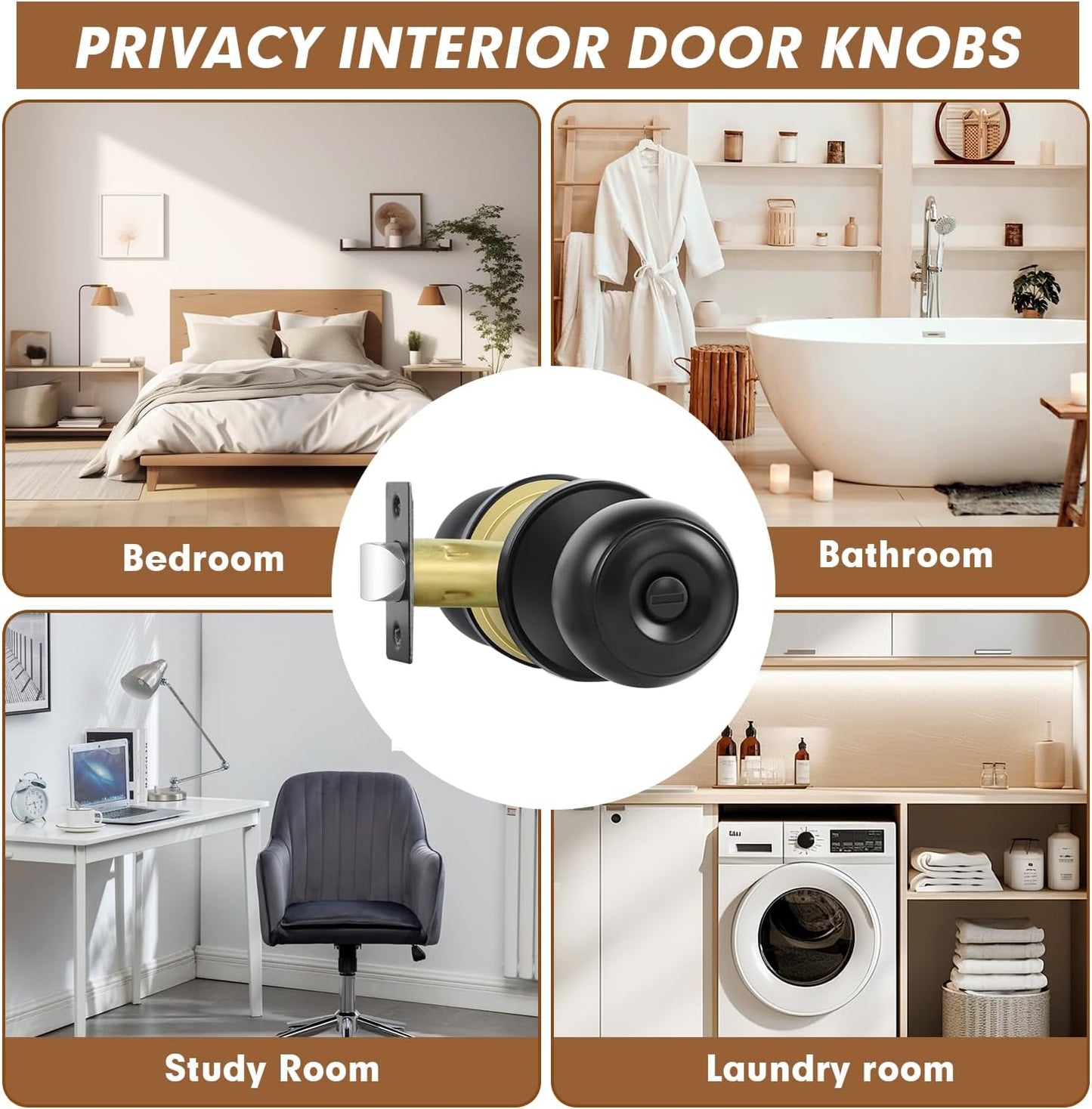 Matte Black Privacy Door Knobs - 8 Pack Keyless Locksets for Bed & Bath, Reversible