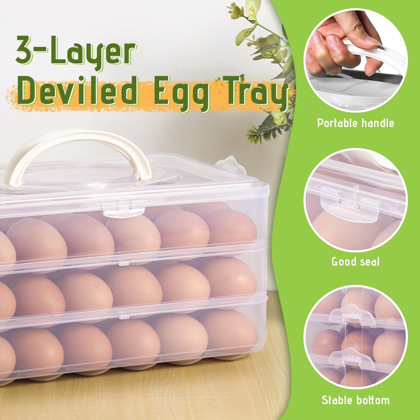 Jnnzzggu Egg Holder for Refrigerator,3-Layer Deviled Egg Tray with Lid,Plastic Stackable Egg Container with Handle for Kitchen,Keep Fresh(72 Eggs)