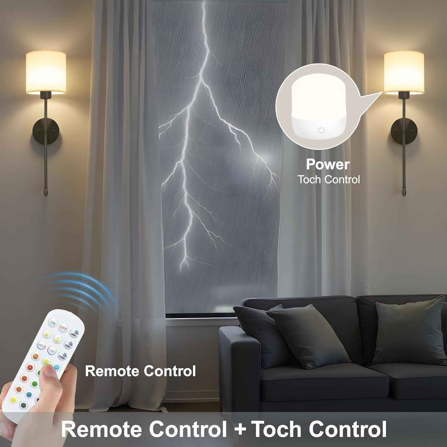 Rechargeable Gold Battery Operated Wall Sconces Set of 2 with Remote & RGB Bulbs
