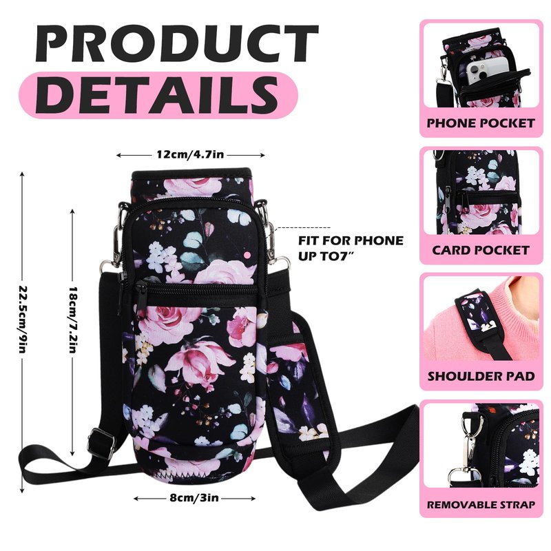 Singhoow 4 Pack 32 oz Water Bottle Sleeve with Strap, Crossbody Bottle Carrier Bag with Phone Holder for Walking Hiking Gym Travel(Flower Style,Bright Colors)