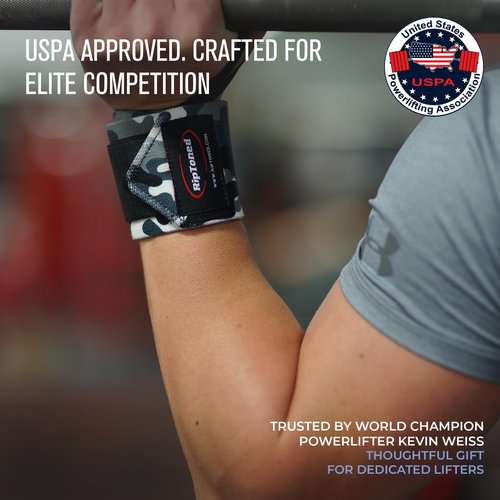 Rip Toned Wrist Wraps for Weightlifting – USPA & USAPL Approved 18" Wrist Straps for Powerlifting – Adjustable, Durable Gym Wraps with Thumb Loop – Quality Support for Men & Women – Gray Camo Flex
