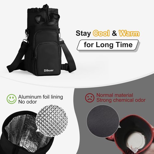Dikuer Water Bottle Holder with Strap, 4 Big Pockets with Compartment, 24oz/32oz/40oz Crossbody Water Bottle Carrier Bag