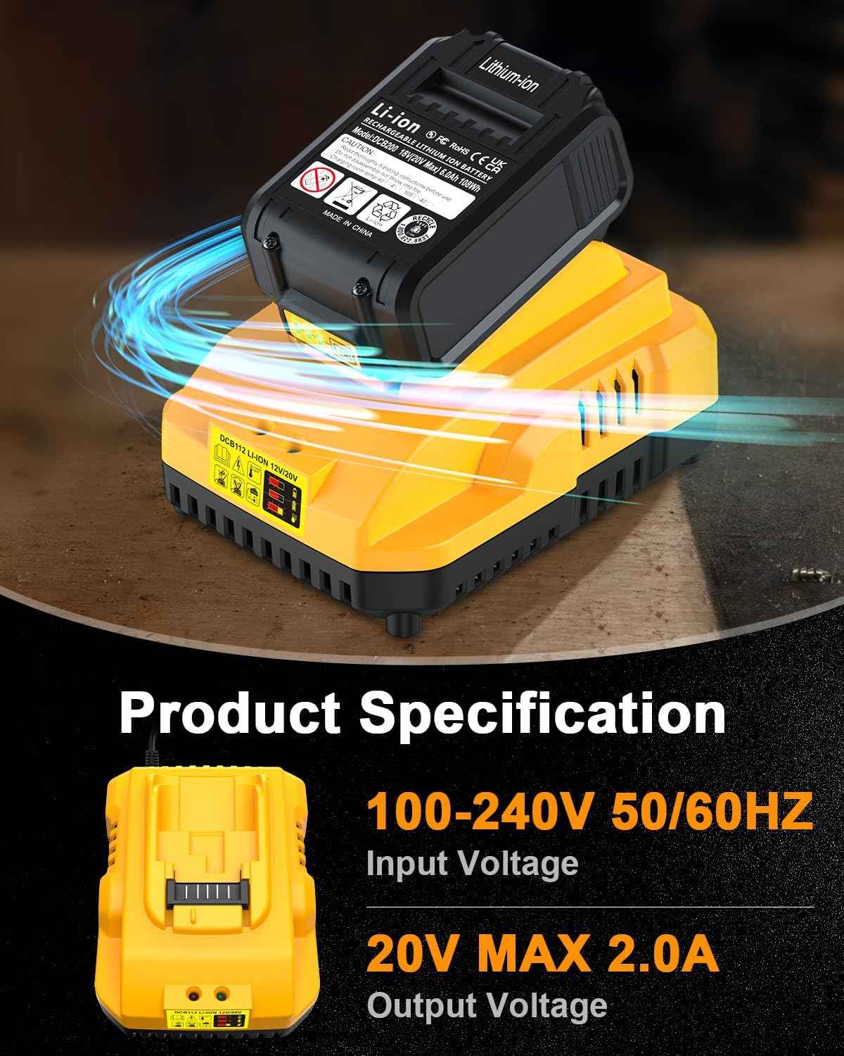 2-Pack Dewalt 20V 6.0Ah Battery Replacement with DCB112 Charger Station - Yellow