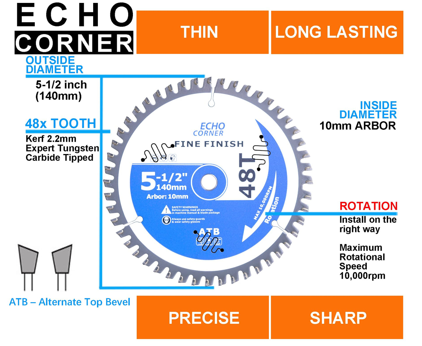 Echo Corner 5-1/2-Inch (10mm Arbor) Circular Saw Blade 48-Tooth, Carbide TCT Fine Cut Fine Finish Crosscut Framing Ripping Wood Plywood MDF Plastic Veneer Lumber Laminate