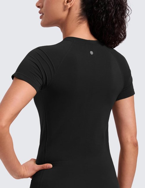 CRZ YOGA Seamless Workout Tops for Women - Breathable Short Sleeve Gym & Yoga Tees in Hip Length