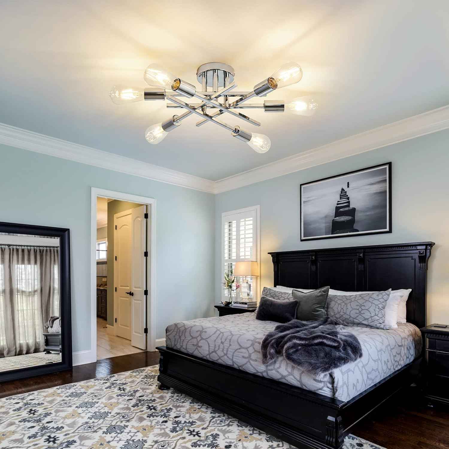 Gold Modern 6-Light Semi Flush Mount Ceiling Light Fixture - Vintage Sputnik Chandelier for Kitchen, Dining & Living Room