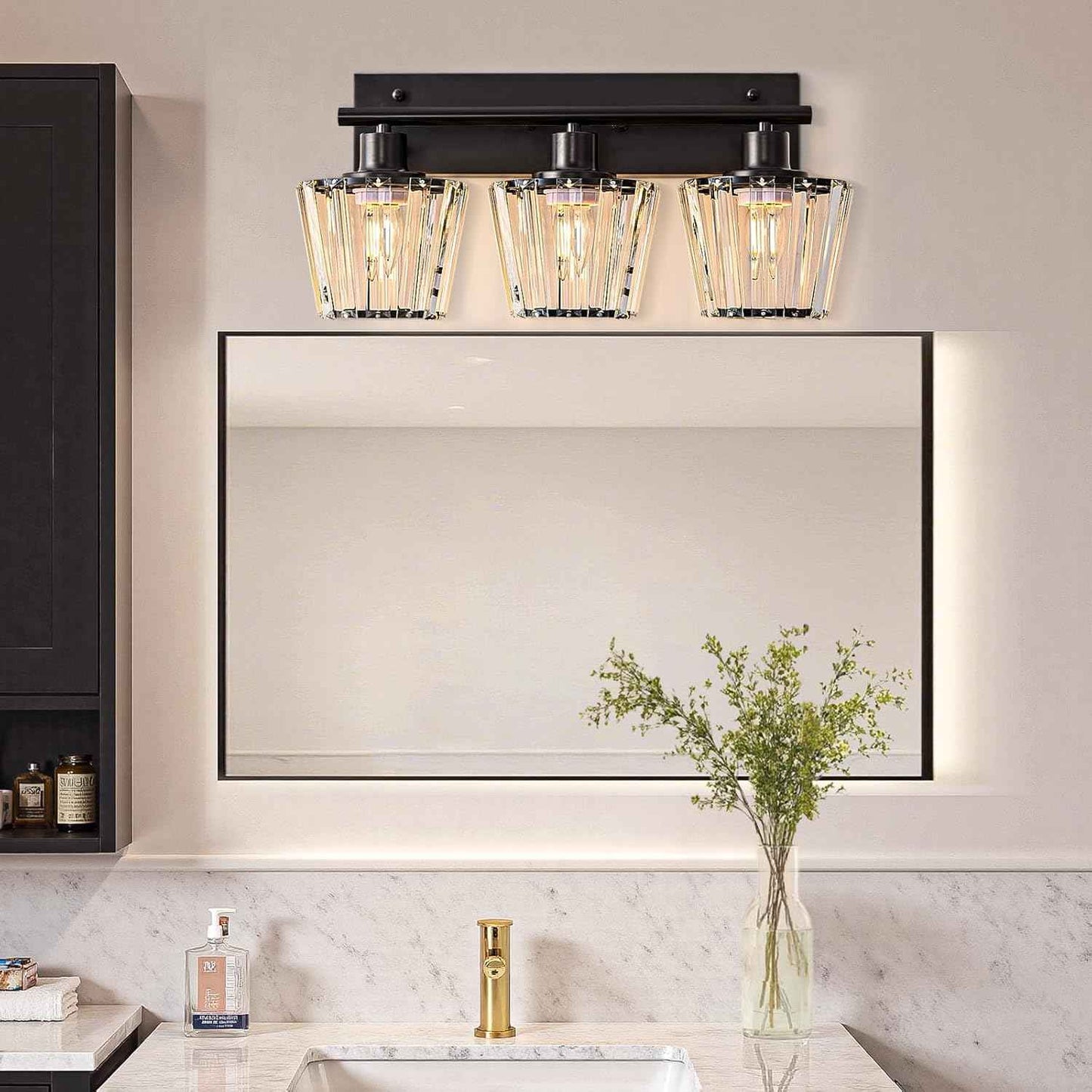 Modern 3-Light Crystal Vanity Light Fixture for Bathroom & Bedroom - Black Finish