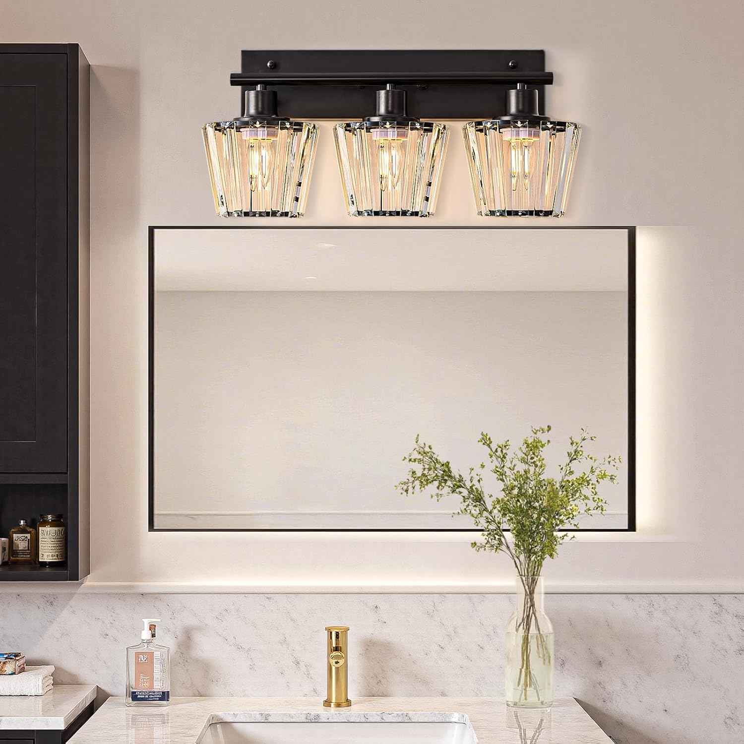 Modern 3-Light Crystal Vanity Light Fixture for Bathroom & Bedroom - Black Finish