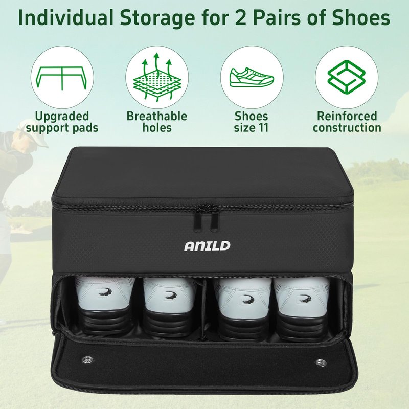 ANILD Golf Trunk Organizer, 2 Layer Golf Storage Case with Separate Ventilated Compartment for 2 Pair Shoes, for Balls, Tees, Clothes, Gloves, Accessories, Golfer Gifts