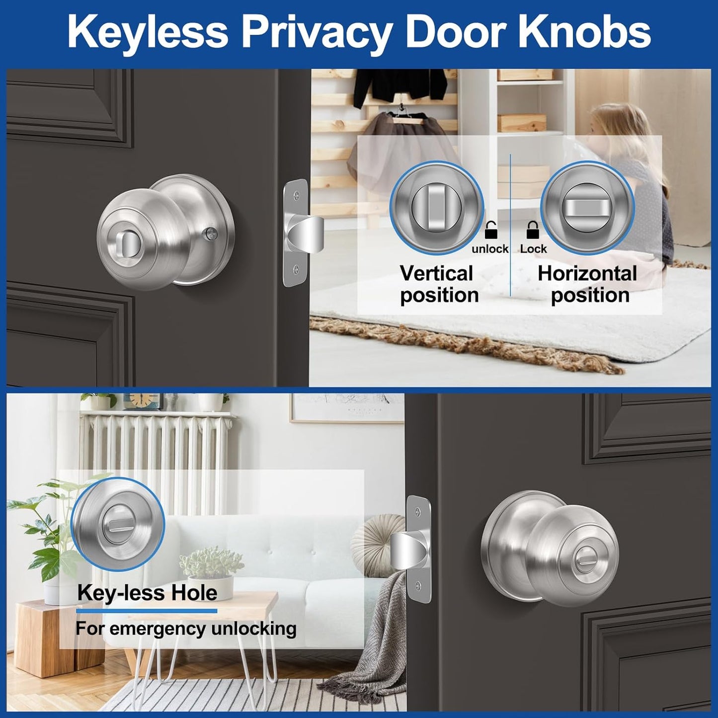 Brushed Nickel Privacy Door Knob Set - Keyless Interior Locks for Bedroom & Bathroom (6 Pack)