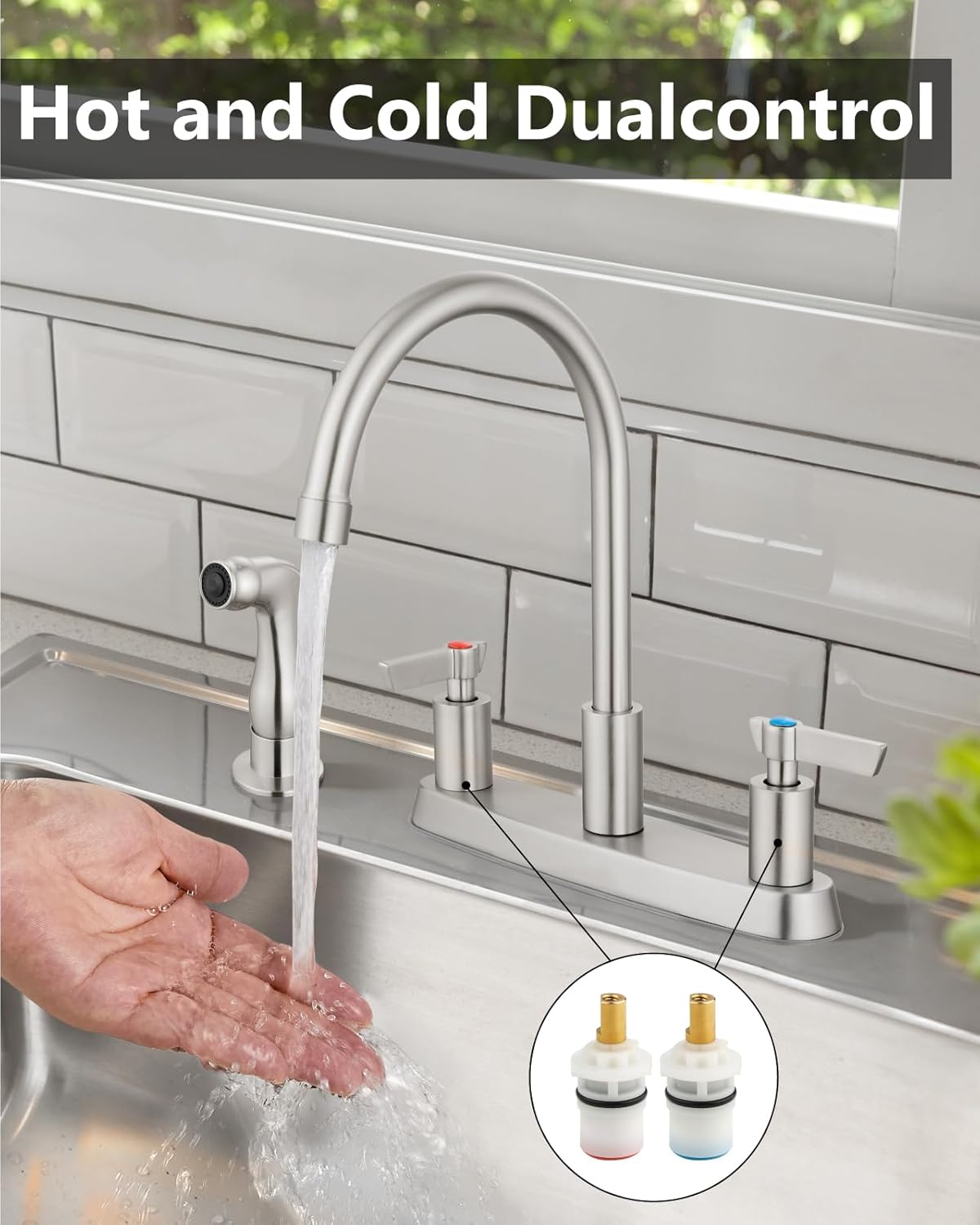 Brushed Nickel Kitchen Faucet with Sprayer - 2 Handle 8-Inch Centerset 3 Hole