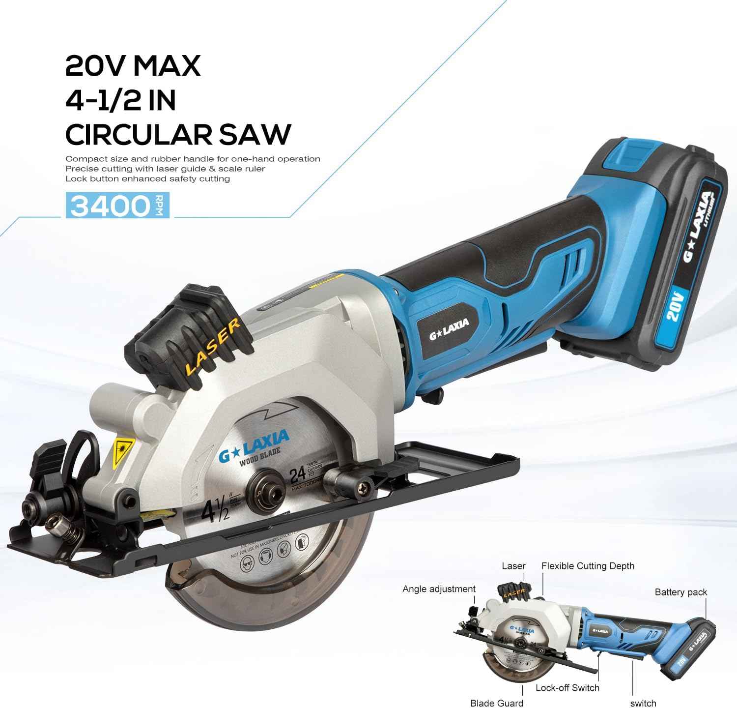 Compact Mini Circular Saw 4-1/2” with Laser Guide & 4.0A Battery - Ideal for Wood & Plastic Cuts