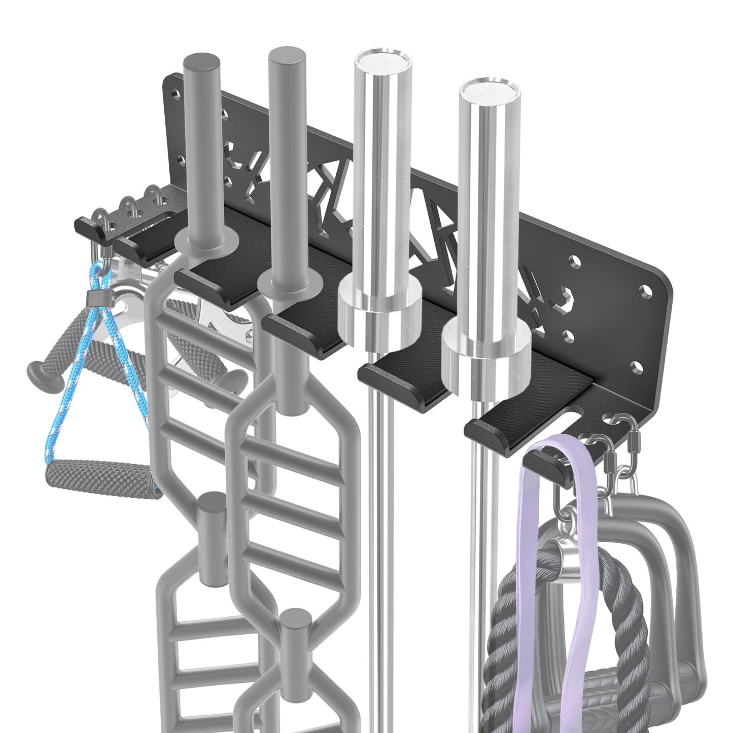 Kipika Versatile Wall Mounted Barbell Holder with 7-Hooks Storage Rack for 4 Barbell Bars Holds Under 33mm Bar Size and Fitness Accessories Space-Efficient Gym Organization for Home & Commercial Use