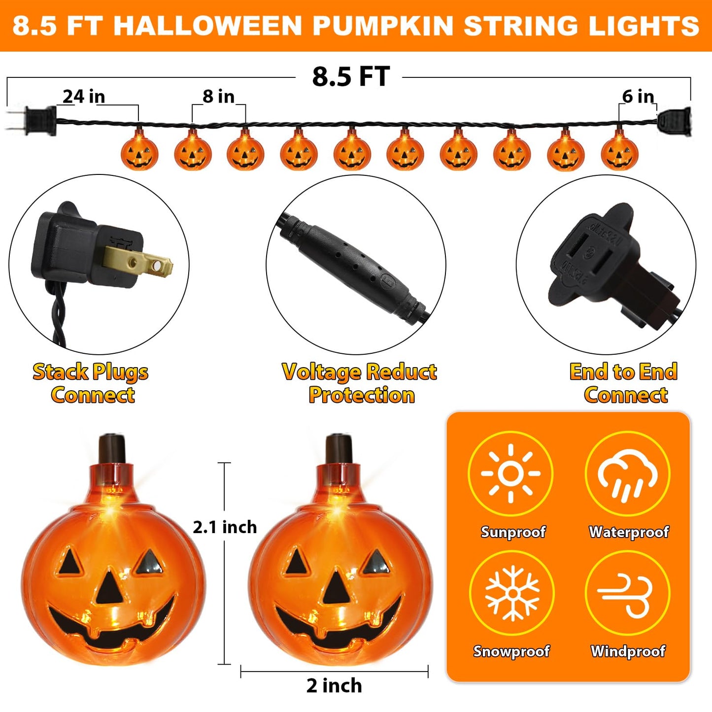 Couah Halloween Pumpkin LED String Lights, 8.5Ft Jack O Lantern Lights with 10 PCS Pumpkins Plug-in Waterproof for Outdoor Indoor Home Decorations