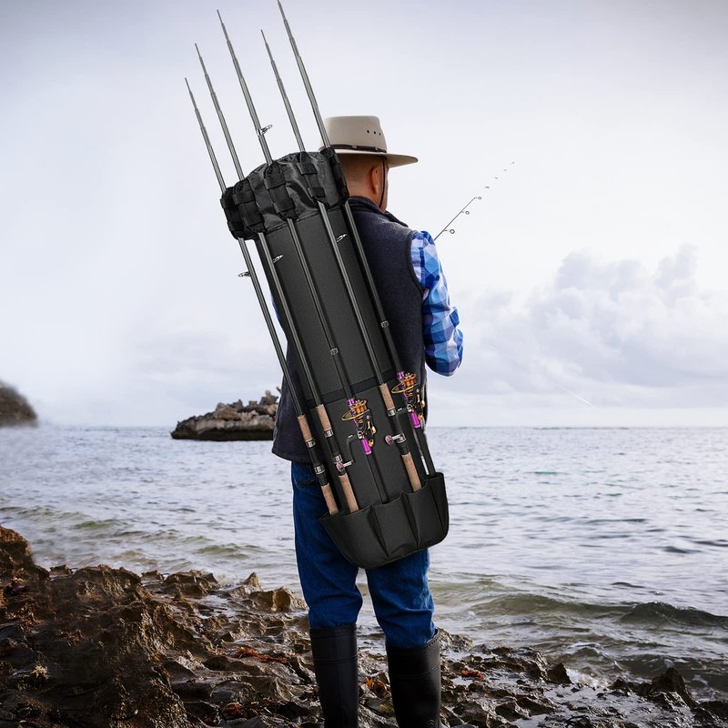 MOSISO Fishing Rod Case Bag, Fishing Pole Holders, Waterproof Large Capacity Tackle Gear Organizer Travel Carry Case Shoulder Storage Bag with 5 Poles Tackle, Black