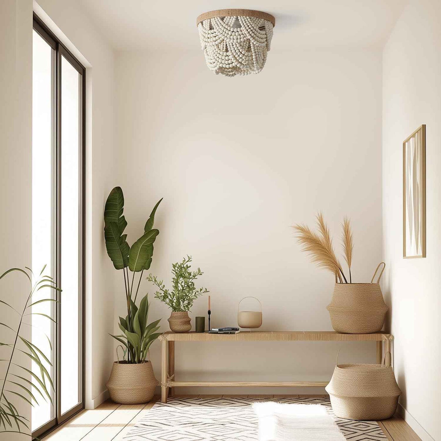 2-Tier White Boho Mini Chandelier - Wood Beaded Flush Mount Ceiling Light for Bedroom, Hallway, Nursery & More