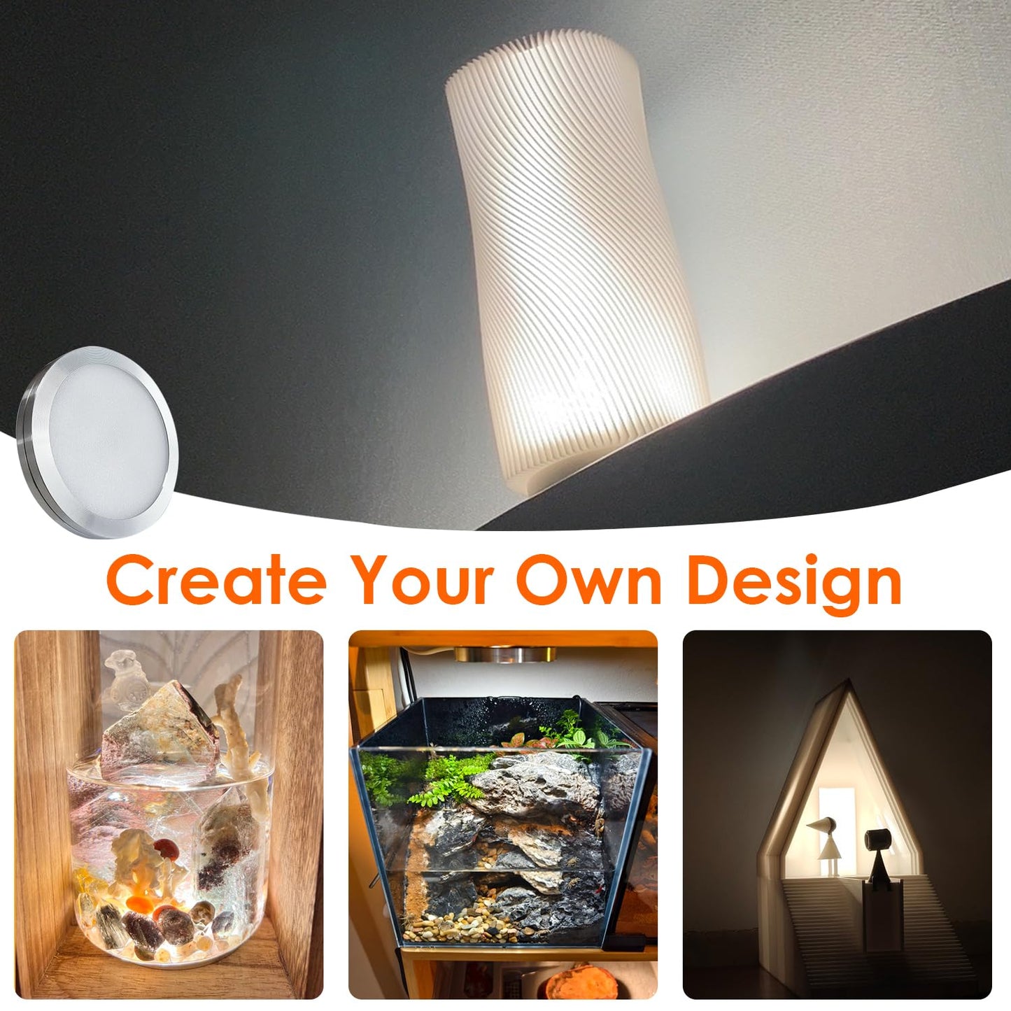 AuyiHomu Single Under Cabinet LED Puck Lights Plug in, 3D Printer LED Lamp Kit 001 DIY USB Powered 5V Dimmable Touch Switch Ultra Thin for Kitchen/Cabinet/Wardrobe/Showcase (Cool White/6000K)