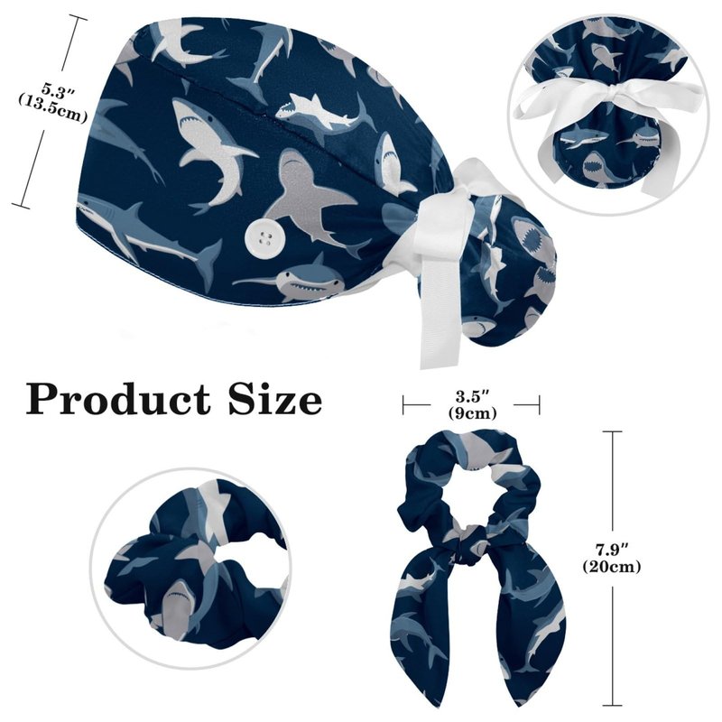 Medical Caps for Women with Bow Scrunchies,Long Hair Working Cap Adjustable Tie Back Hat, Blue Sharks Pattern Bouffant Scrub Hats