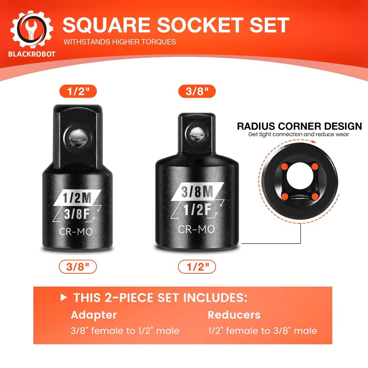 BLACKROBOT 2PCS Impact Socket Adapter and Reducer Set, 3/8" to 1/2" & 1/2" to 3/8" Socket Adapter Set, SAE Drive Cr-Mo Steel Exceeds ANSI Standards, Square Drive Adapter for Impact Driver Wrench