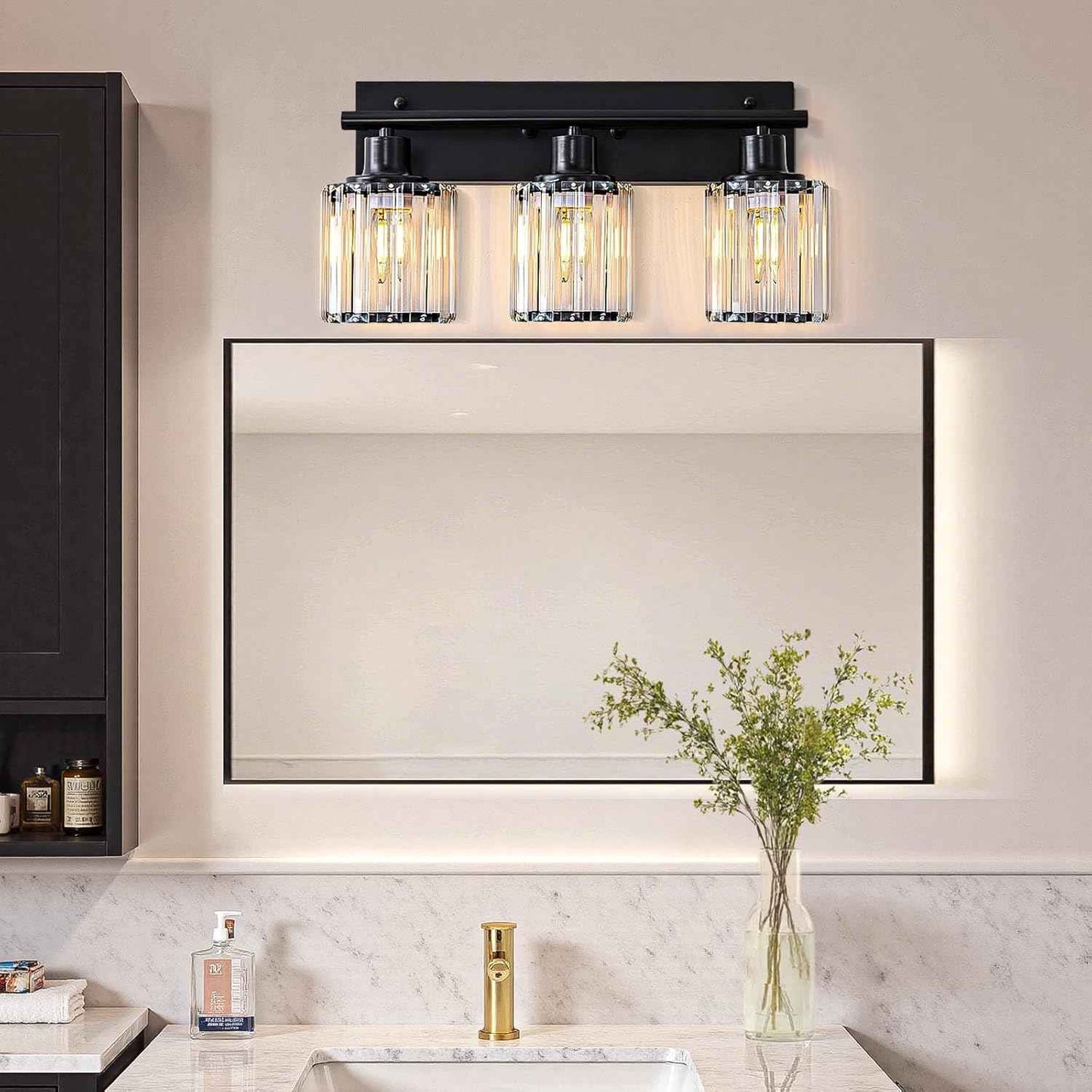 Modern 3-Light Crystal Vanity Light Fixture for Bathroom & Bedroom - Black Finish