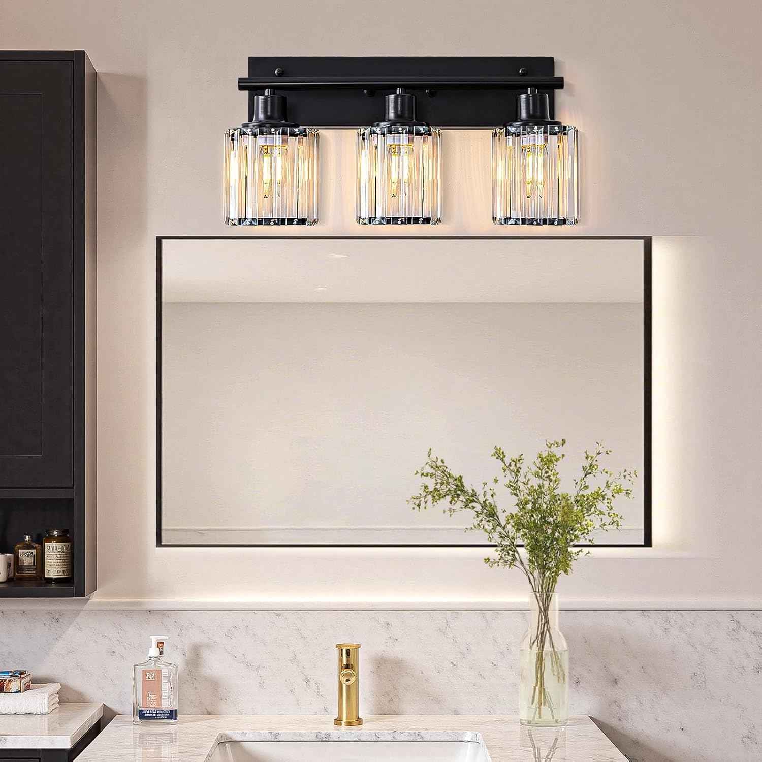 Modern 3-Light Crystal Vanity Light Fixture for Bathroom & Bedroom - Black Finish