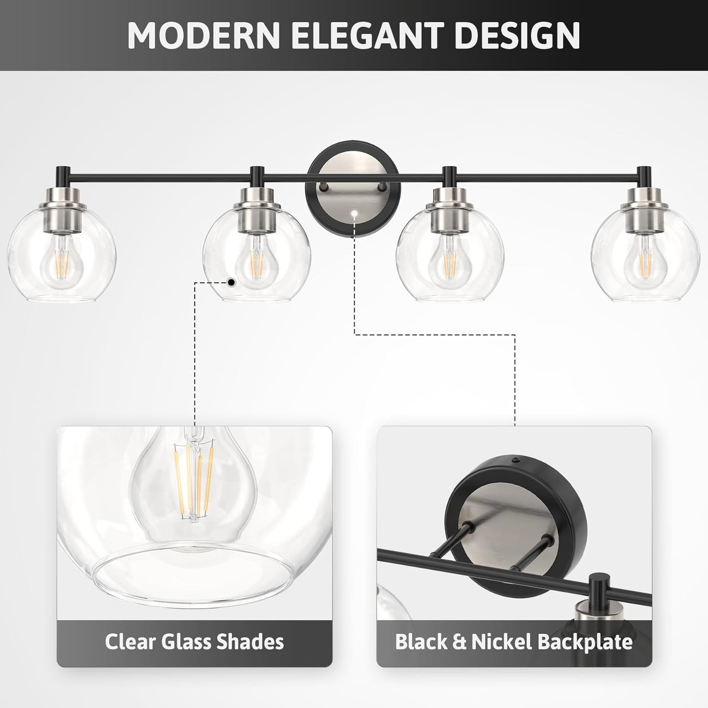 3-Light Vanity Bathroom Light Fixture with Globe Glass Shades - Brushed Nickel, ETL Certified