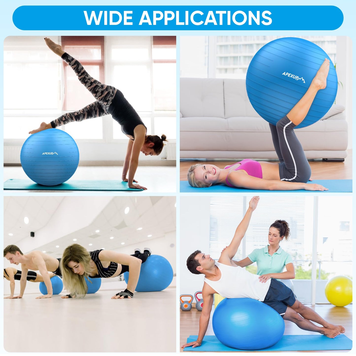 APEXUP Yoga Ball, 660 lbs Anti-Burst Exercise Ball with Pump, 5 Sizes (XL (27"~30") 75cm, Blue)