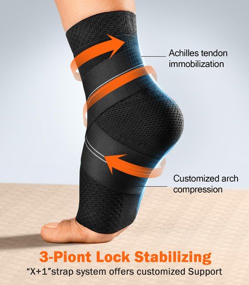 WHCOOL Flat Knitting Ankle Brace For Women&Men, 7-Zone Dynamic Compression Sleeve w/Flex Strap,Foot Support For Sports, Sprained Ankle, Achilles Tendonitis, Plantar Fasciitis Relief(Pack of1)L, Black